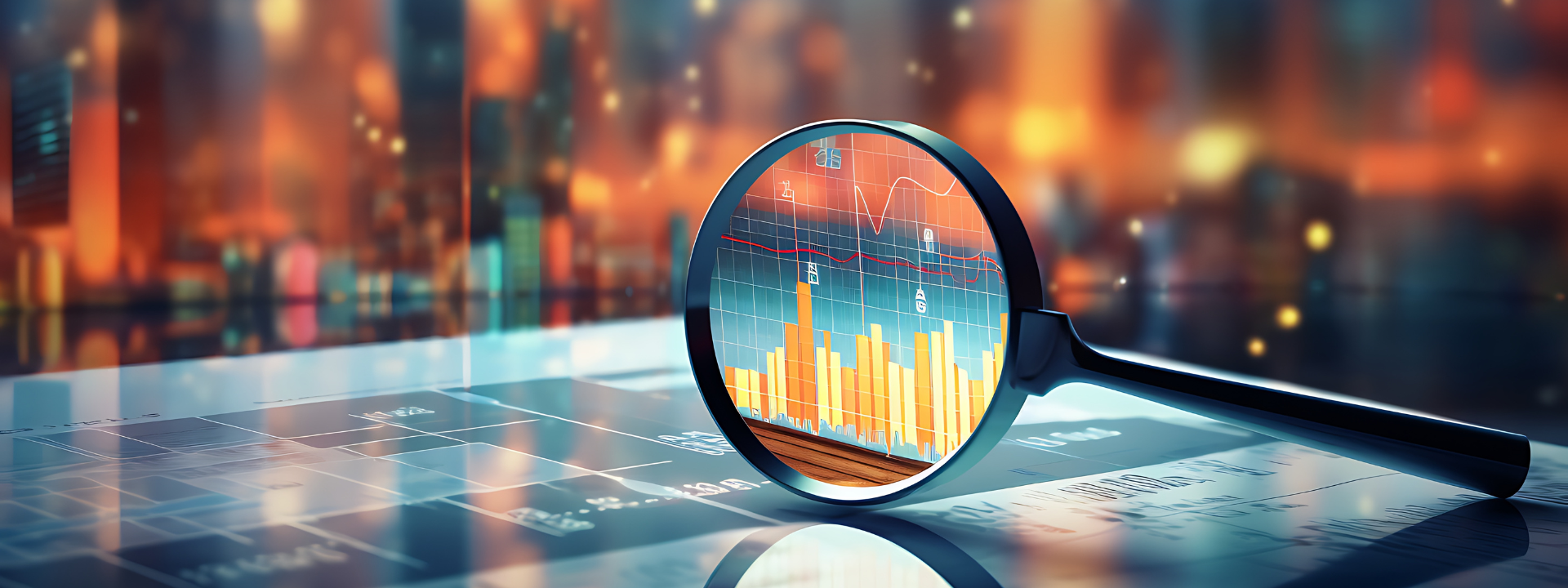 Brand health and brand monitoring: magnifier office analyzing and checking finance graphs background. AI generative