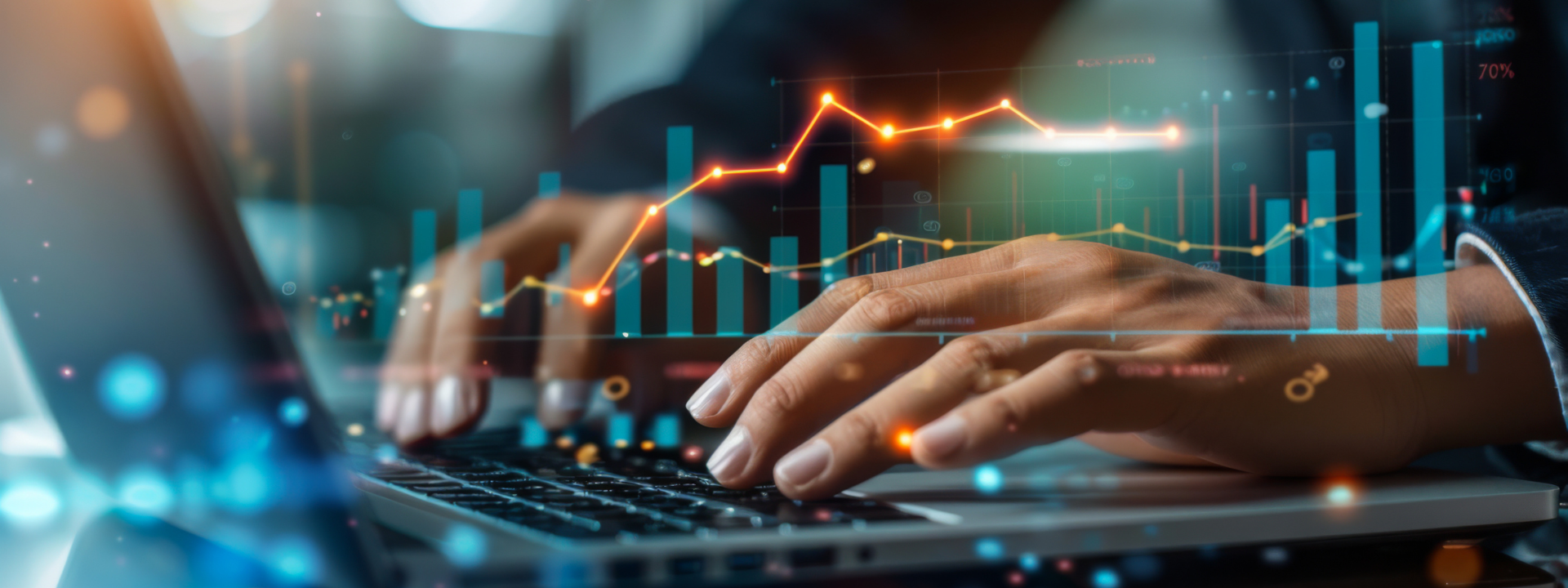 Trend Analysis Representation: Two fair-skinned hands type on a laptop keyboard with an illuminated graph overlay in the foreground